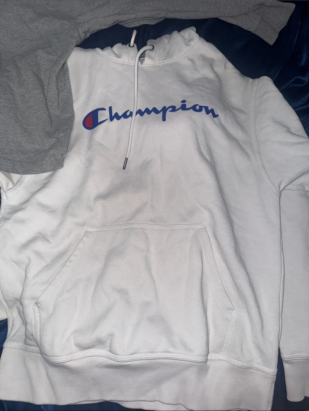 Champion Pullover Hoodies in Navy and White (M) Then gray Nike pullover (S)